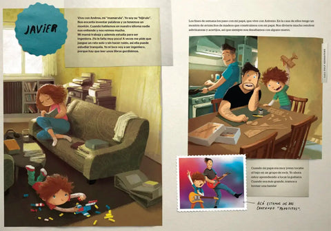 De familia en familia — doble página interior con la historia de Javier y escenas familiares ilustradas