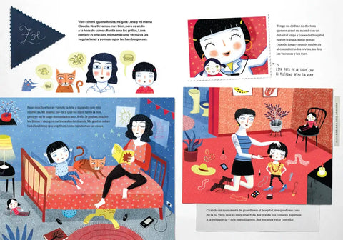 De familia en familia — doble página interior con la historia de Zoe, su mamá y sus mascotas