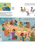 De familia en familia — doble página interior con la historia de Simón y una reunión familiar