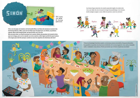 De familia en familia — doble página interior con la historia de Simón y una reunión familiar