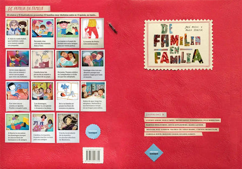 De familia en familia — doble página interior con presentación de las quince familias del libro