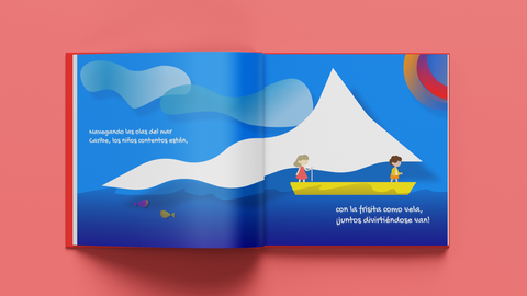 Interior ilustrado de La frisita que voló el Caribe durante su viaje por las islas