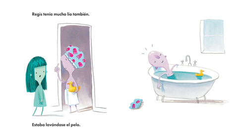 Interior de Voy muy liado: Bridget busca a Regis, que está ocupado lavándose el pelo en la bañera.