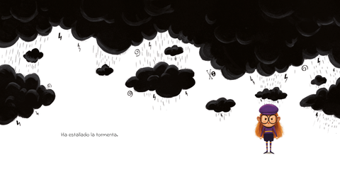 Interior de Cuando estalla la tormenta: Álex bajo grandes nubes negras con lluvia y relámpagos.