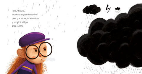 Interior de Cuando estalla la tormenta: Álex frente a una nube oscura y un texto que invita a respirar y soplar despacio.