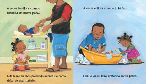 Interior de Lola le lee al pequeño Leo: Lola comparte libros con su hermanito